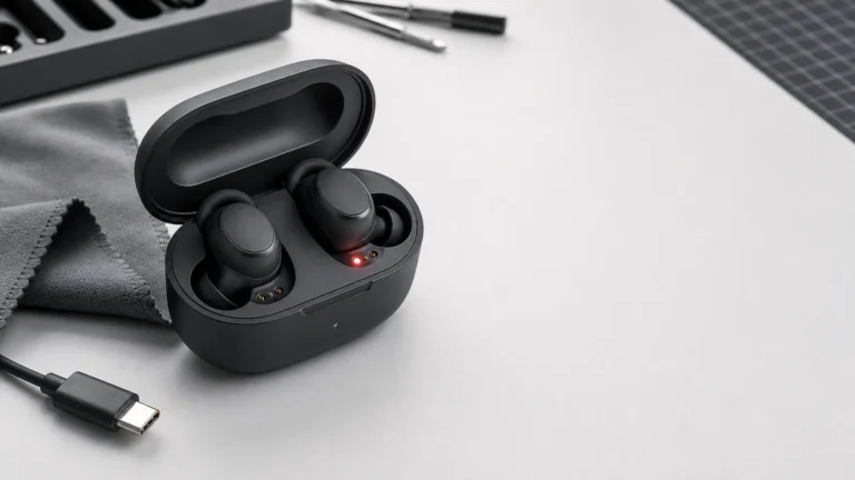 علبة سماعات لاسلكية مفتوحة توضح نقاط شحن Galaxy Buds واللمبة الحمراء وكابل USB-C أثناء التشخيص