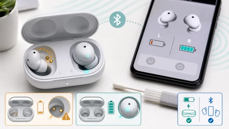 سماعتا Galaxy Buds داخل العلبة مع مقارنة لمبة الشحن والبطارية اليمنى واليسرى
