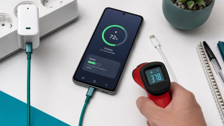 هاتف Galaxy موصول بشاحن USB-C سريع مع كابل بديل وقياس حرارة أثناء اختبار سرعة الشحن