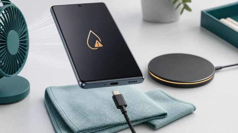 هاتف يعرض رمز قطرة ماء مع USB-C مفصول ومنفذ متجه للأسفل أمام مروحة وشاحن لاسلكي بالخلف