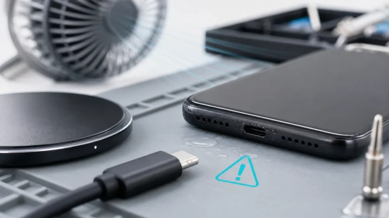 منفذ USB-C في هاتف مبلل بجانب كابل مفصول ومروحة باردة وقاعدة شحن لاسلكي للتحذير من Moisture Detected