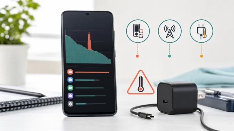 Galaxy-style phone with battery usage spike, cellular signal path, USB-C charger and temperature warning for diagnosis