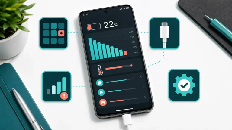 Teléfono Android con gráfico de batería, indicador de calor, app en segundo plano, señal débil, carga y diagnóstico