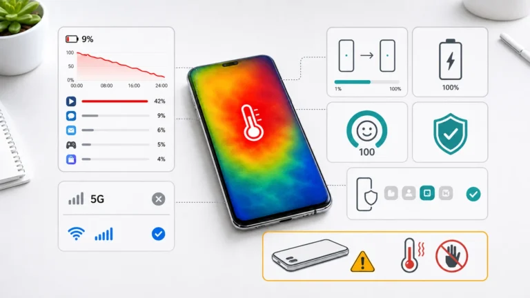 Galaxy S25 مع شاشة استهلاك البطارية وفحص التطبيق والشبكة ودرجة الحرارة