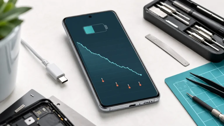 هاتف Galaxy S26 يعرض مخطط استنزاف البطارية والحرارة أثناء التشخيص