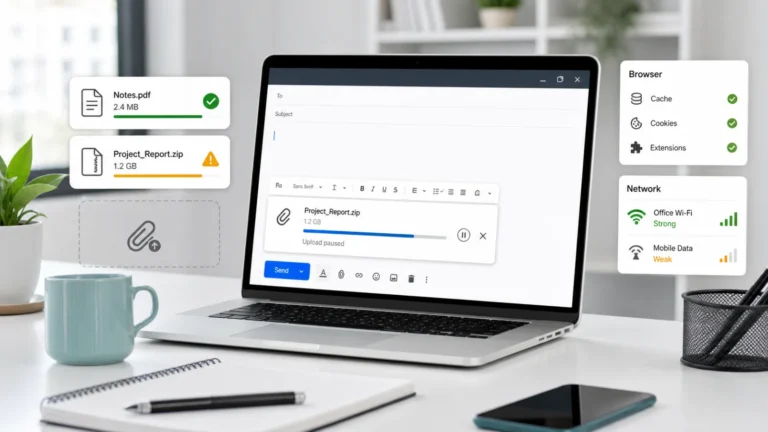 تشخيص توقف رفع مرفق Gmail بمقارنة ملف صغير وكبير والمتصفح والشبكة