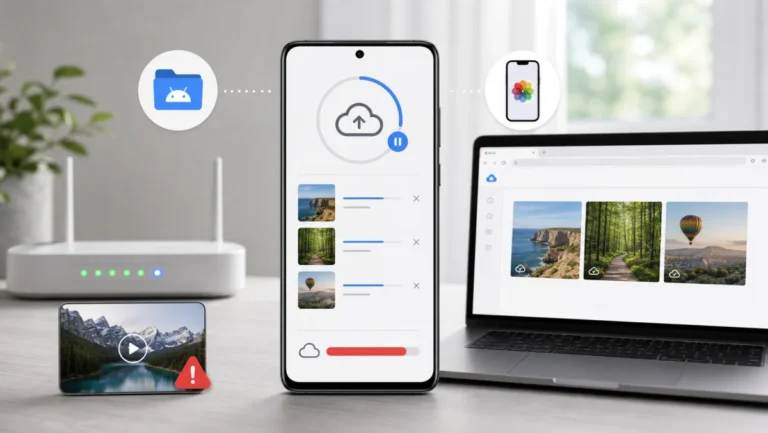 هاتف يعرض Google Photos Preparing backup مع قائمة صور وفيديو كبير ومساحة ممتلئة وتحقق من النسخ على الكمبيوتر