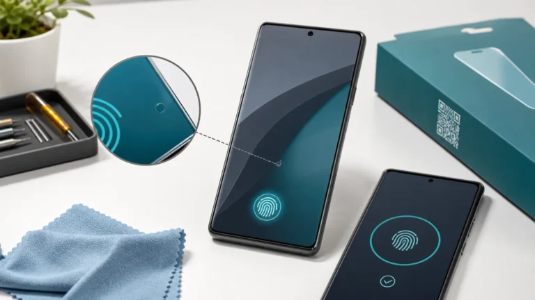 هاتف Google Pixel مع موضع بصمة وواقي شاشة وفقاعة صغيرة ورمز توافق QR
