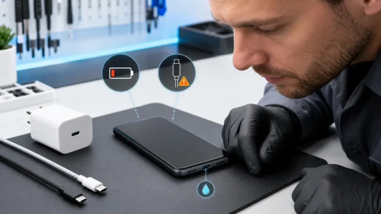 فني يفحص منفذ USB-C في Google Pixel مع رموز البطارية والكابل والرطوبة