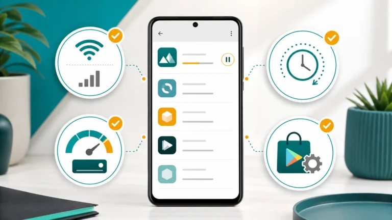 هاتف Android يعرض طابور تنزيل معلق مع اختبارات الشبكة والمساحة والوقت وإعدادات متجر Play