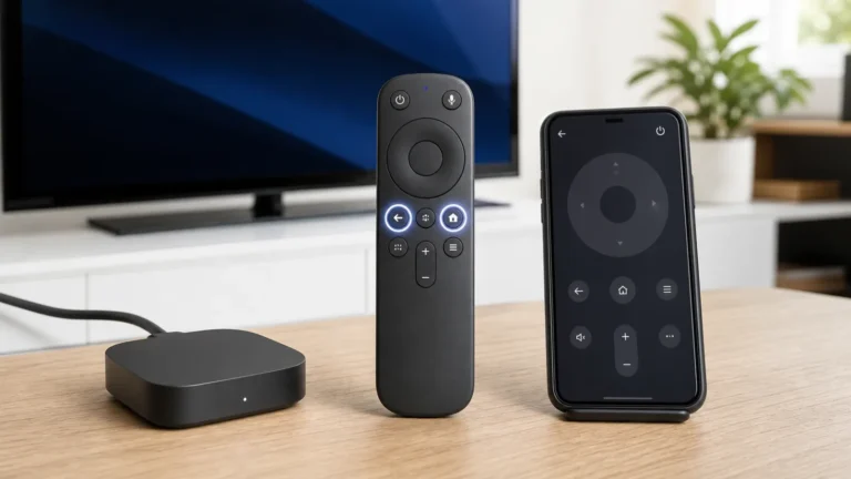 Streaming remote with Back and Home buttons beside a phone virtual remote and TV device