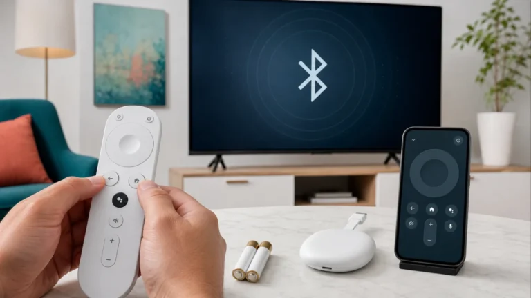 Mando de Google TV con botones Atrás e Inicio pulsados junto a pilas, streamer y mando virtual