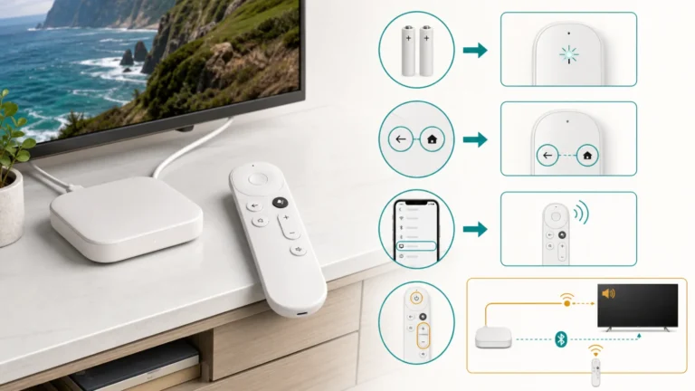 تشخيص ريموت Google TV ببطاريات جديدة وأزرار Back وHome والريموت الافتراضي والفرق بين Bluetooth وIR