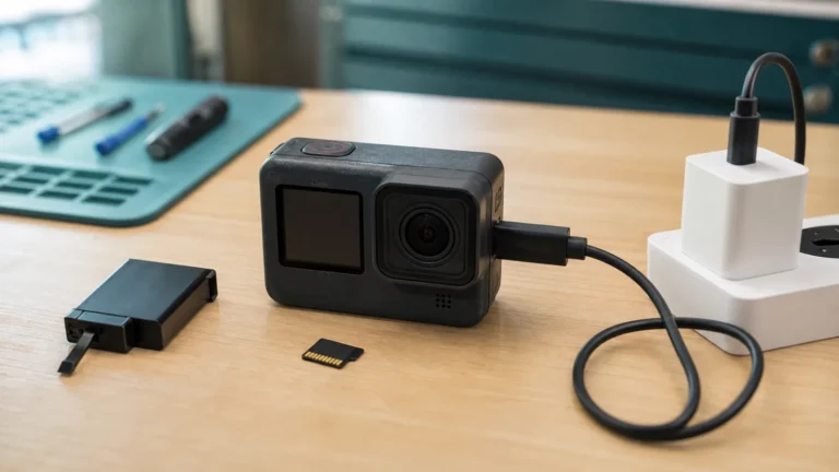 كاميرا أكشن لا تعمل مع بطارية منفصلة وبطاقة microSD وكابل USB-C ومحول موثوق