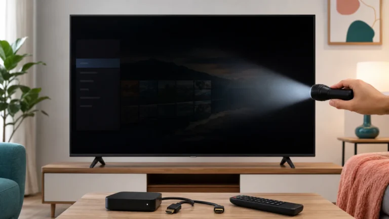 تلفزيون ذكي بشاشة سوداء مع اختبار ضوء خافت وكابل HDMI وجهاز بث
