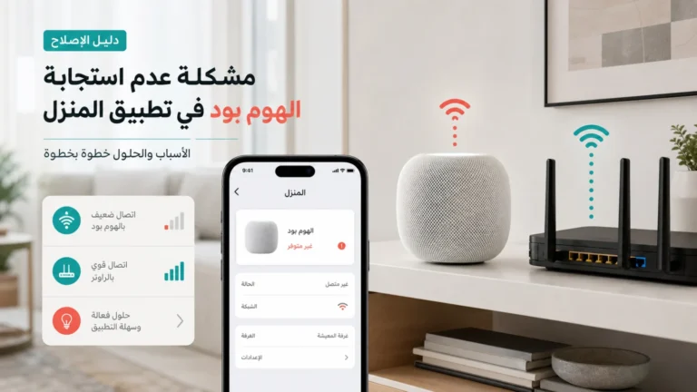 HomePod قرب راوتر وهاتف يعرض عدم الاستجابة مع مقارنة إشارة Wi-Fi الضعيفة والقوية قبل إعادة الضبط