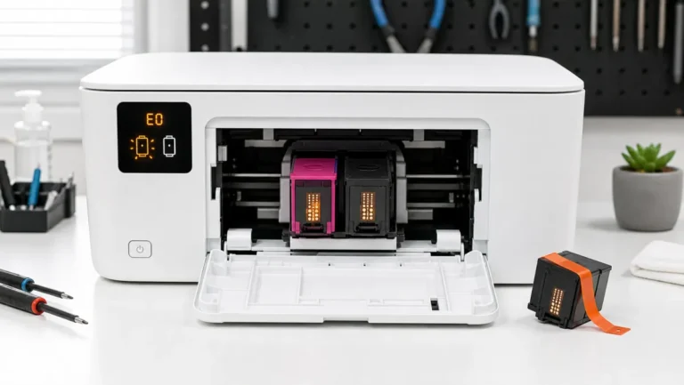 طابعة DeskJet تعرض E0 مع وميض أيقونة خرطوشة الألوان وخرطوشة جديدة عليها شريط حماية برتقالي
