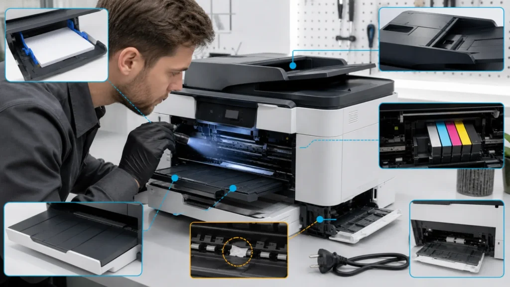 Técnico con linterna revisa el recorrido del papel y un fragmento oculto en una impresora HP