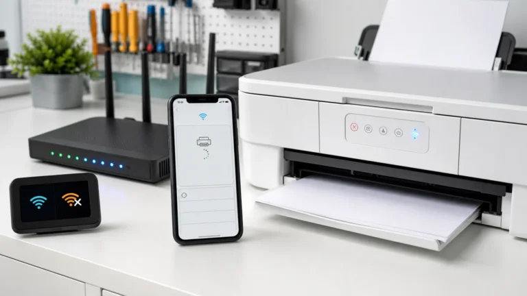 طابعة لاسلكية قرب الراوتر والهاتف أثناء فشل اكتشافها في تطبيق HP