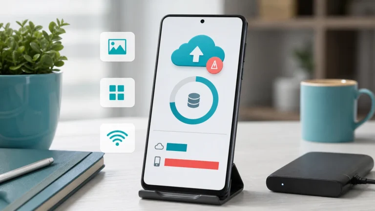 هاتف يعرض فشل نسخة سحابية مع مقارنة مساحة iCloud وحجم النسخة التالية ورمز Wi-Fi