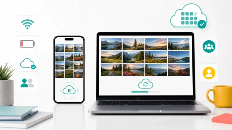 iPhone وMac يعرضان مكتبة صور ومؤشرات مزامنة iCloud والطاقة وWi-Fi والمساحة والمكتبة المشتركة