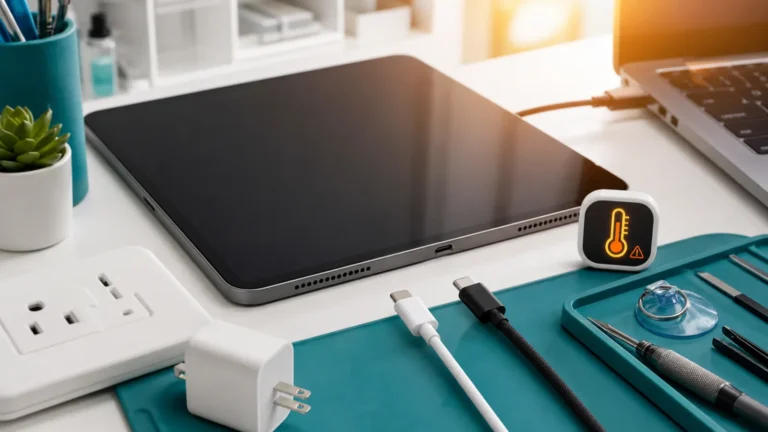 جهاز iPad مع منفذ شحن وكابل USB-C ومحول حائط واختبار منفذ كمبيوتر وتحذير حرارة