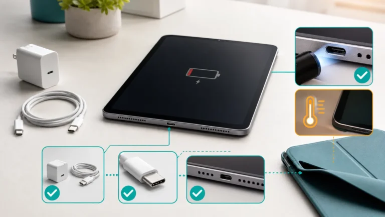 تشخيص iPad لا يشحن بمحول وكابل USB-C معروفين وفحص المنفذ بالضوء ورسالة توقف الشحن بسبب الحرارة وإزالة الغطاء