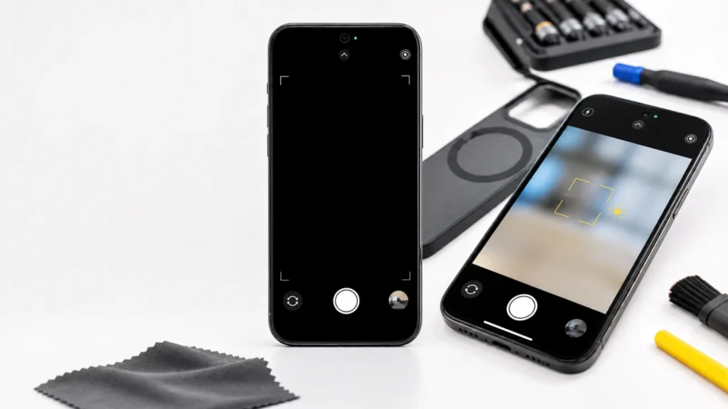 اختبار عدسات كاميرا iPhone الأمامية والخلفية بعد إزالة غطاء مغناطيسي وتنظيف الزجاج