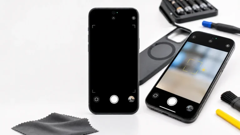 هاتفان يعرضان كاميرا سوداء وصورة ضبابية مع مؤشر تركيز وغطاء مغناطيسي منزوع وقطعة تنظيف عدسة