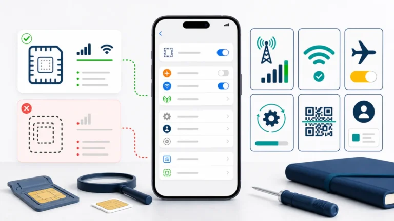 iPhone يعرض ملف eSIM موجودًا أو غائبًا مع Wi-Fi وAirplane Mode وCarrier Settings وQR وبيانات الحساب