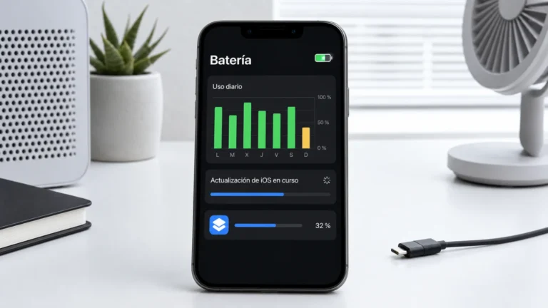 Pantalla de batería de iPhone con Uso diario y Actualización de iOS en curso para medir consumo tras iOS 26