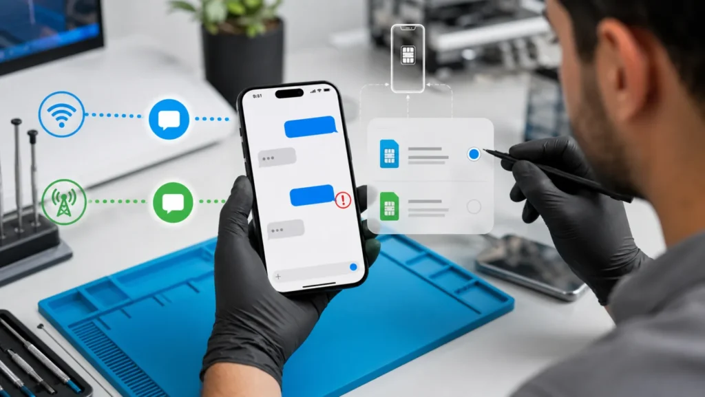 فني يقارن مسار iMessage الأزرق والرسائل الخضراء مع إعدادات eSIM في iPhone