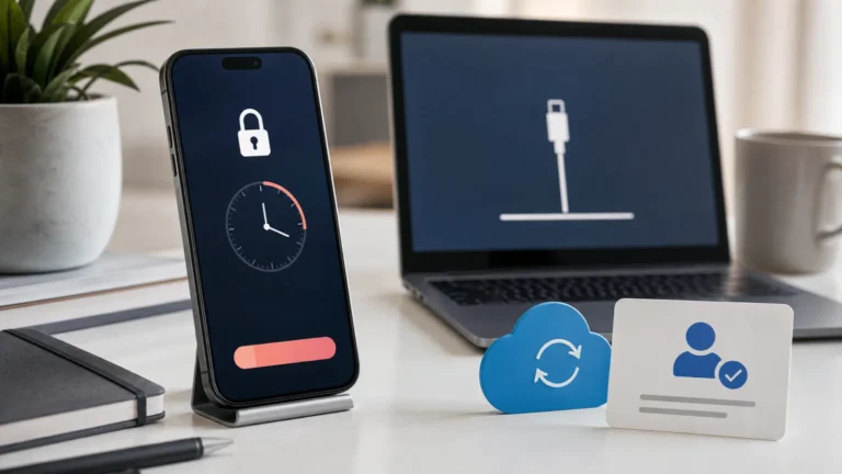iPhone bloqueado junto a un ordenador, una copia en la nube y la verificación de la cuenta para recuperar el acceso