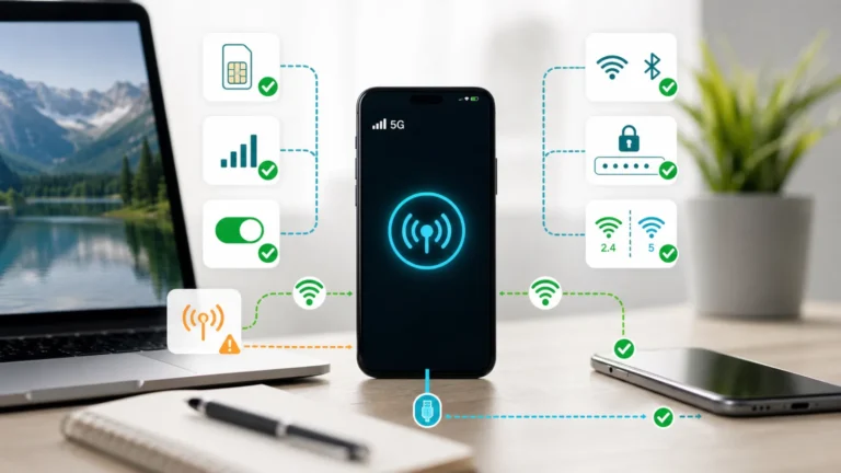 هاتف يشارك بيانات 5G عبر نقطة اتصال مع فحص دعم الشريحة والبيانات والسماح بالانضمام وكلمة السر والتوافق وUSB