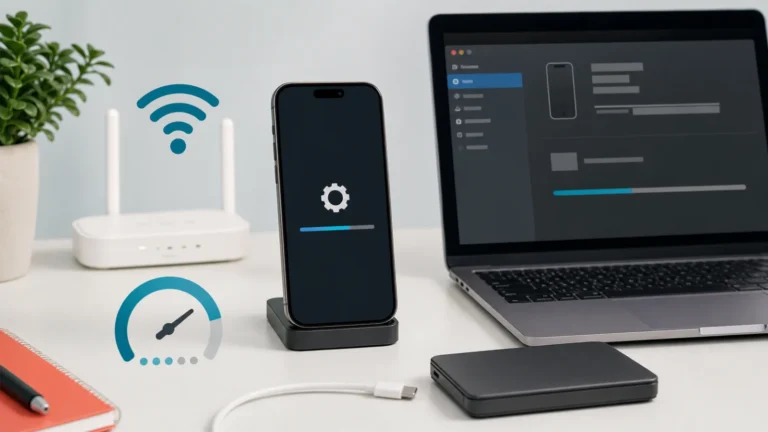 هاتف عالق في تجهيز تحديث iOS بجوار Wi-Fi ومقياس تخزين وكابل وحاسوب
