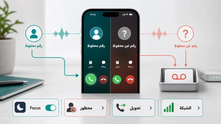 هاتف آيفون يقارن مكالمة من رقم محفوظ وأخرى من رقم غير محفوظ مع Focus والحظر والتحويل والشبكة