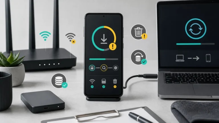 هاتف يعرض تعطل التحقق من تحديث النظام مع شبكتي Wi-Fi ومساحة تخزين ولابتوب للتحديث بالكابل