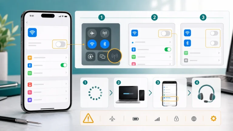 iPhone يعرض مفتاح Wi-Fi رمادياً مع مقارنة Control Center وSettings وحالة Bluetooth وخطوات إعادة التشغيل والتحديث والدعم