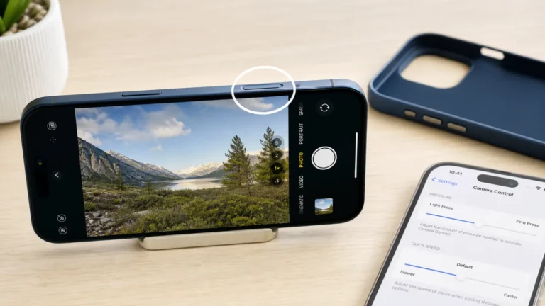 iPhone 16 يعرض تطبيق الكاميرا مع موضع Camera Control وإعداد حساسية الضغط والسرعة