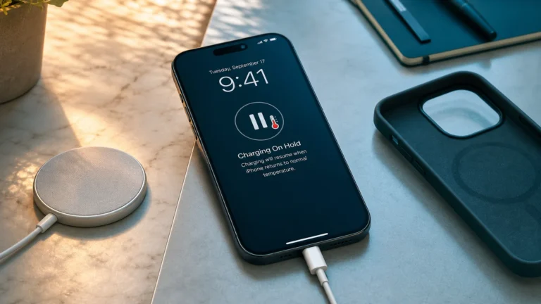 iPhone 16 يعرض Charging On Hold بجانب كابل USB-C وشاحن MagSafe وغطاء هاتف