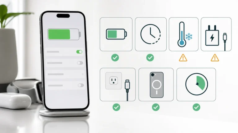 Diagnostic iPhone 17 charge lente avec limite à 80 pour cent, horaire optimisé, température, chargeur lent, USB-C PD et test de vingt minutes