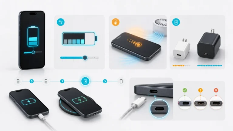 iPhone moderno con límite de carga, pausa por temperatura, comparación de cargador lento y USB-C de mayor potencia y revisión del puerto