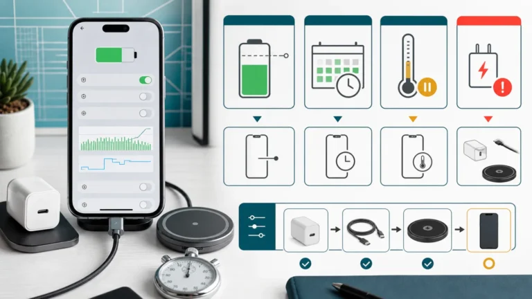 iPhone 17 charging diagnosis comparing charge limit schedule temperature hold slow charger USB-C PD and wireless charging with a timed test