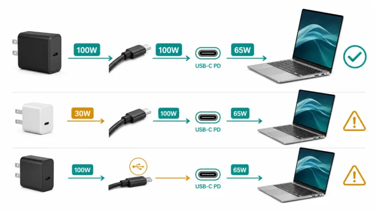 سلسلة شحن لابتوب USB-C PD توضح شاحن 100W وكابل مناسب مقابل شاحن 30W وكابل محدود