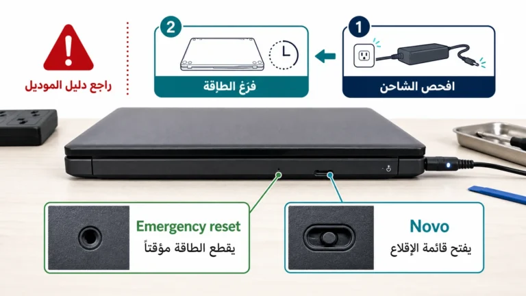 تشخيص لابتوب Lenovo لا يعمل يوضح الشاحن وتفريغ الطاقة والفرق بين Emergency reset hole وNovo button