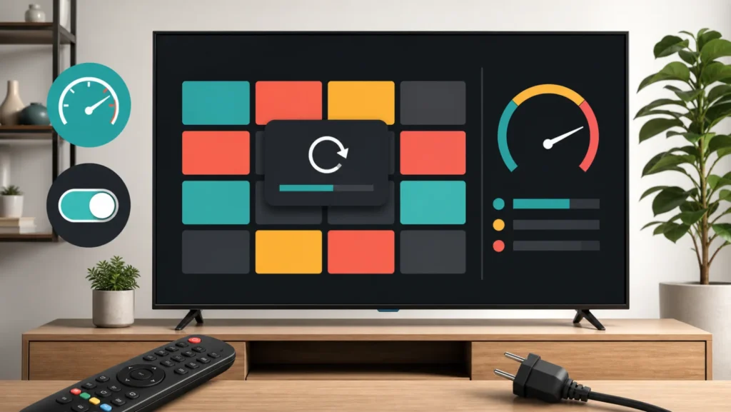 تلفزيون ذكي يعرض تطبيقًا يعيد التشغيل مع مقياس ذاكرة وخيار Quick Start والطاقة