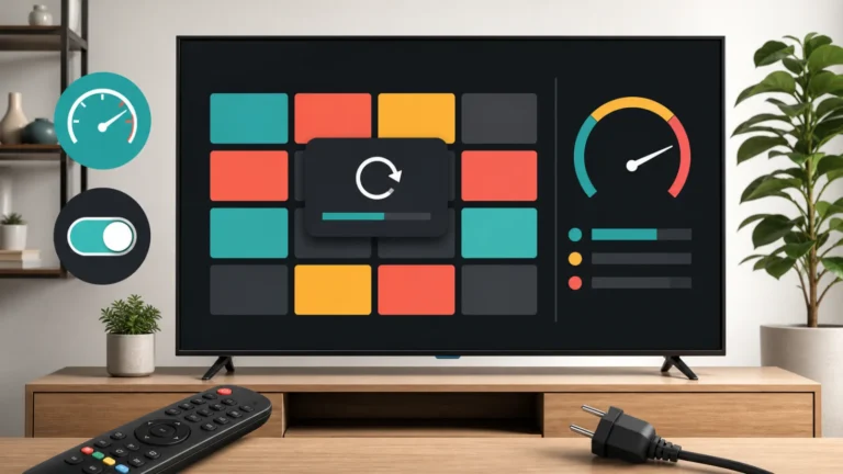 تلفزيون ذكي يعرض تطبيقًا يعيد التشغيل مع مقياس ذاكرة وخيار Quick Start والطاقة