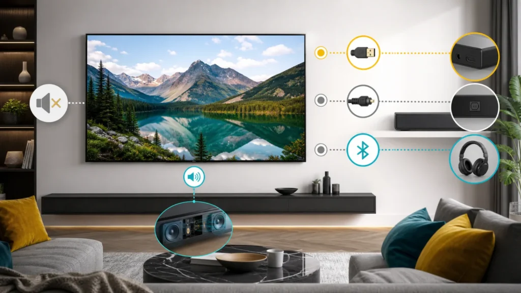LG television audio diagnosis comparing internal speaker sound test HDMI source and ARC soundbar output