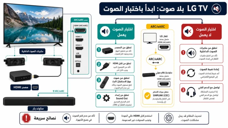 تلفزيون LG بلا صوت مع اختبار Sound Test يعمل أو يفشل وفحص TV Speaker ومصدر HDMI والساوندبار عبر ARC وeARC