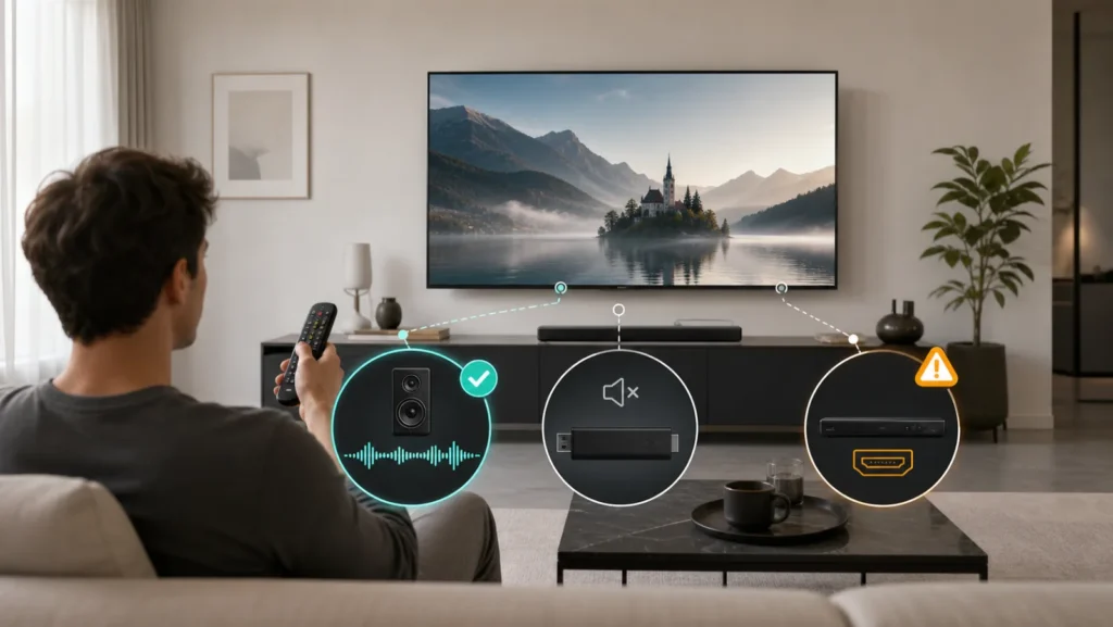 Utilisateur teste le son d’une TV LG entre haut-parleurs internes, source HDMI et barre ARC